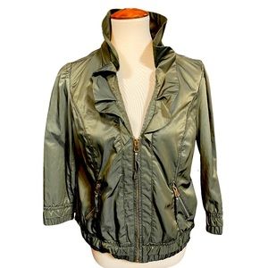 White House Black Market Army Green Metallic Cropped Bomber Jacket Size 14 EUC